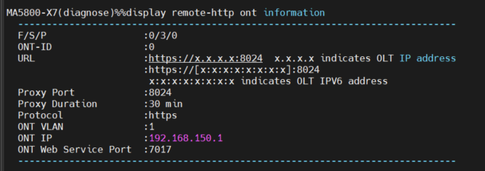 Komenda display remote-http ont information